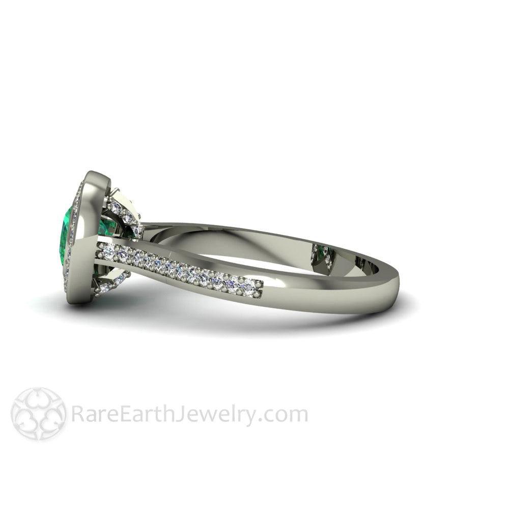 Bezel Set Emerald Engagement Ring | Cushion Cut with Diamond Halo, Rare Earth Jewelry