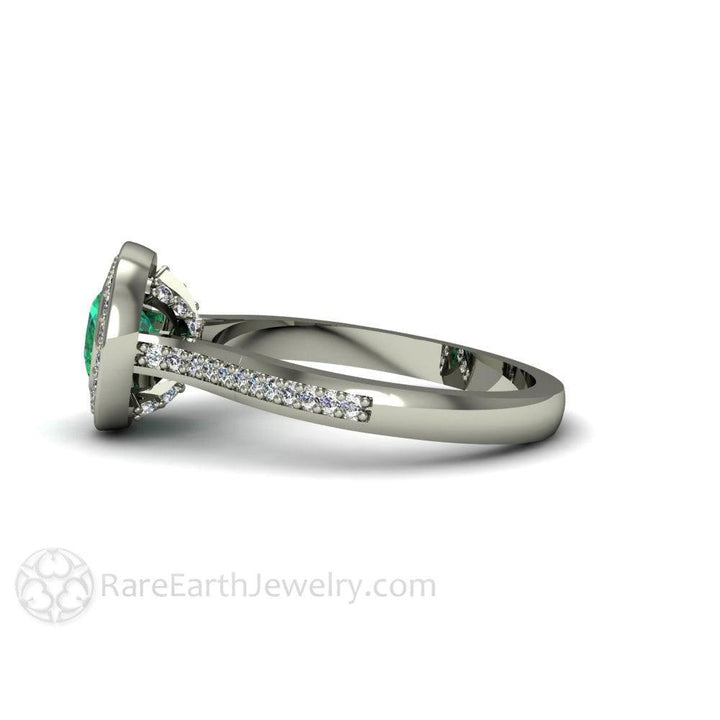 Bezel Set Emerald Engagement Ring | Cushion Cut with Diamond Halo, Rare Earth Jewelry