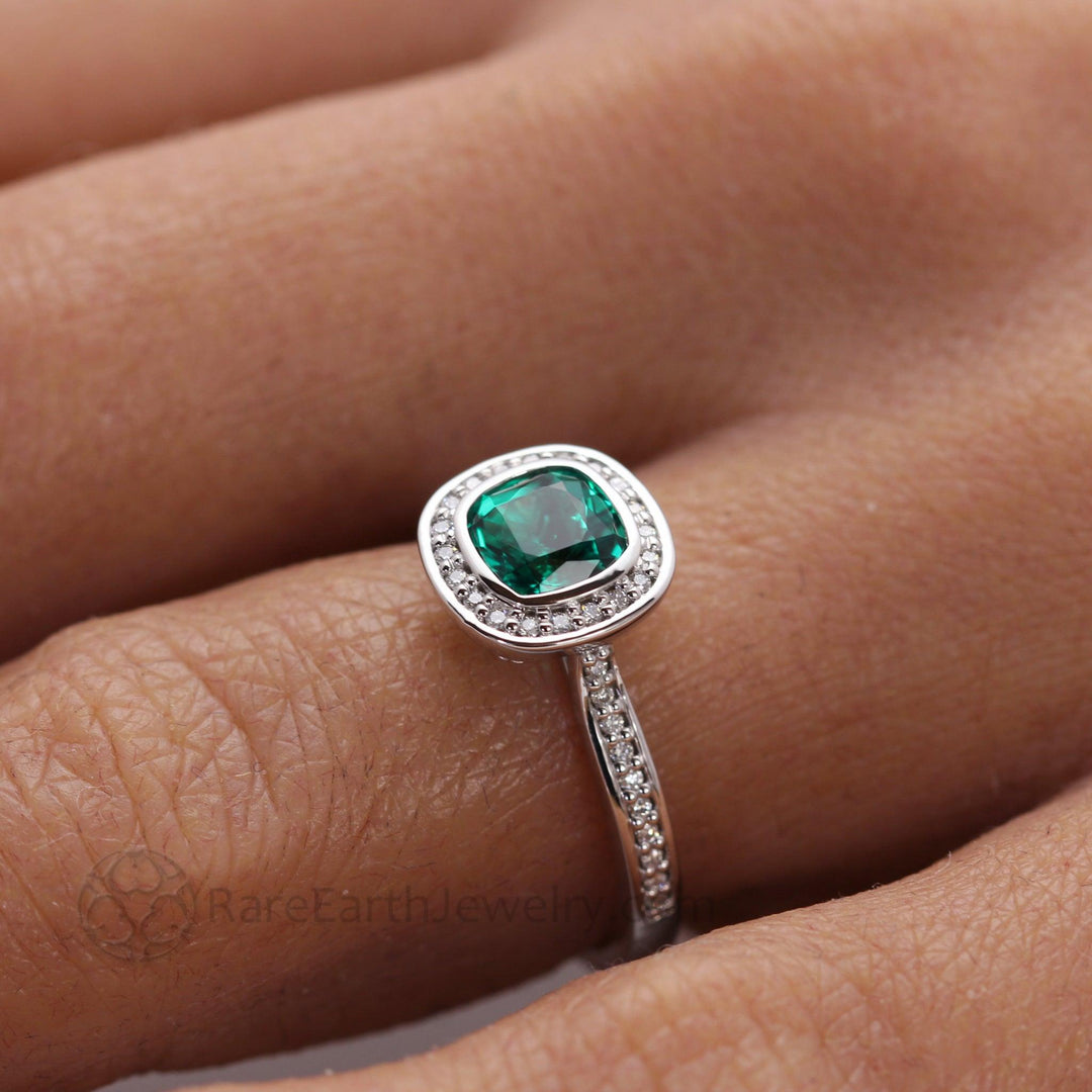 Bezel Set Emerald Engagement Ring | Cushion Cut with Diamond Halo, Rare Earth Jewelry
