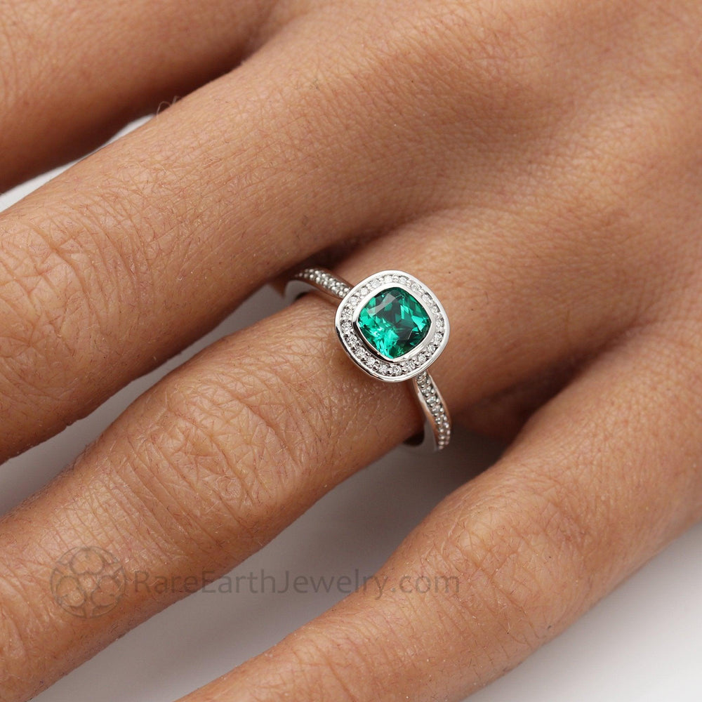 Bezel Set Emerald Engagement Ring | Cushion Cut with Diamond Halo, Rare Earth Jewelry