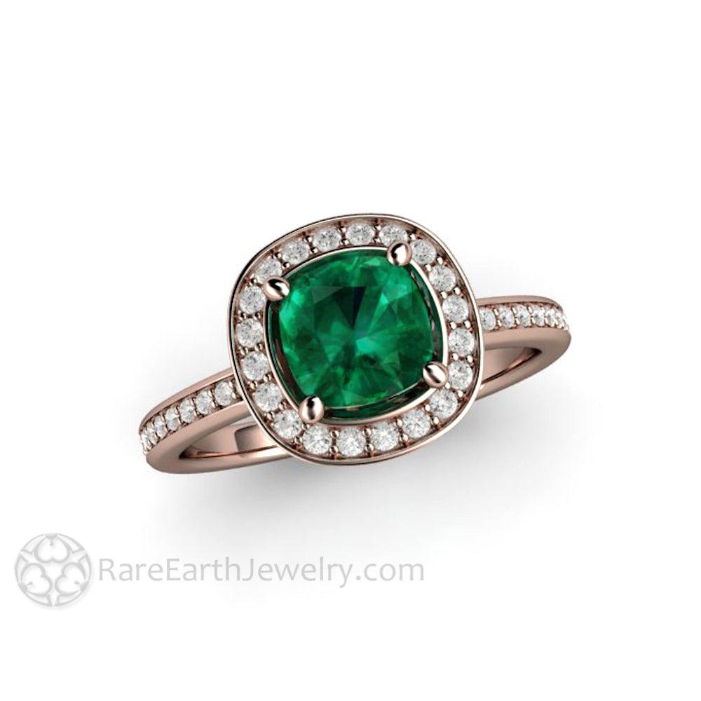 Cushion Cut Emerald Engagement Ring | Diamond Halo May Birthstone, Rare Earth Jewelry