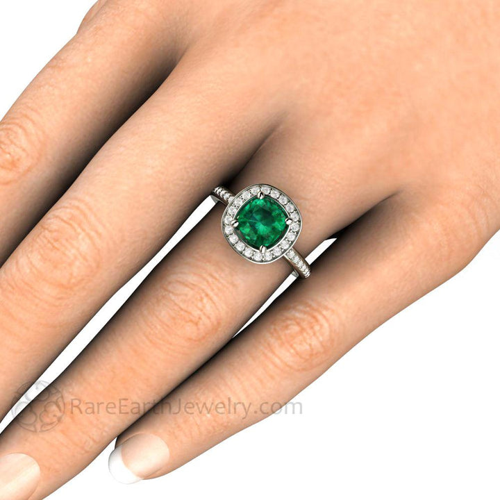Cushion Cut Emerald Engagement Ring | Diamond Halo May Birthstone, Rare Earth Jewelry