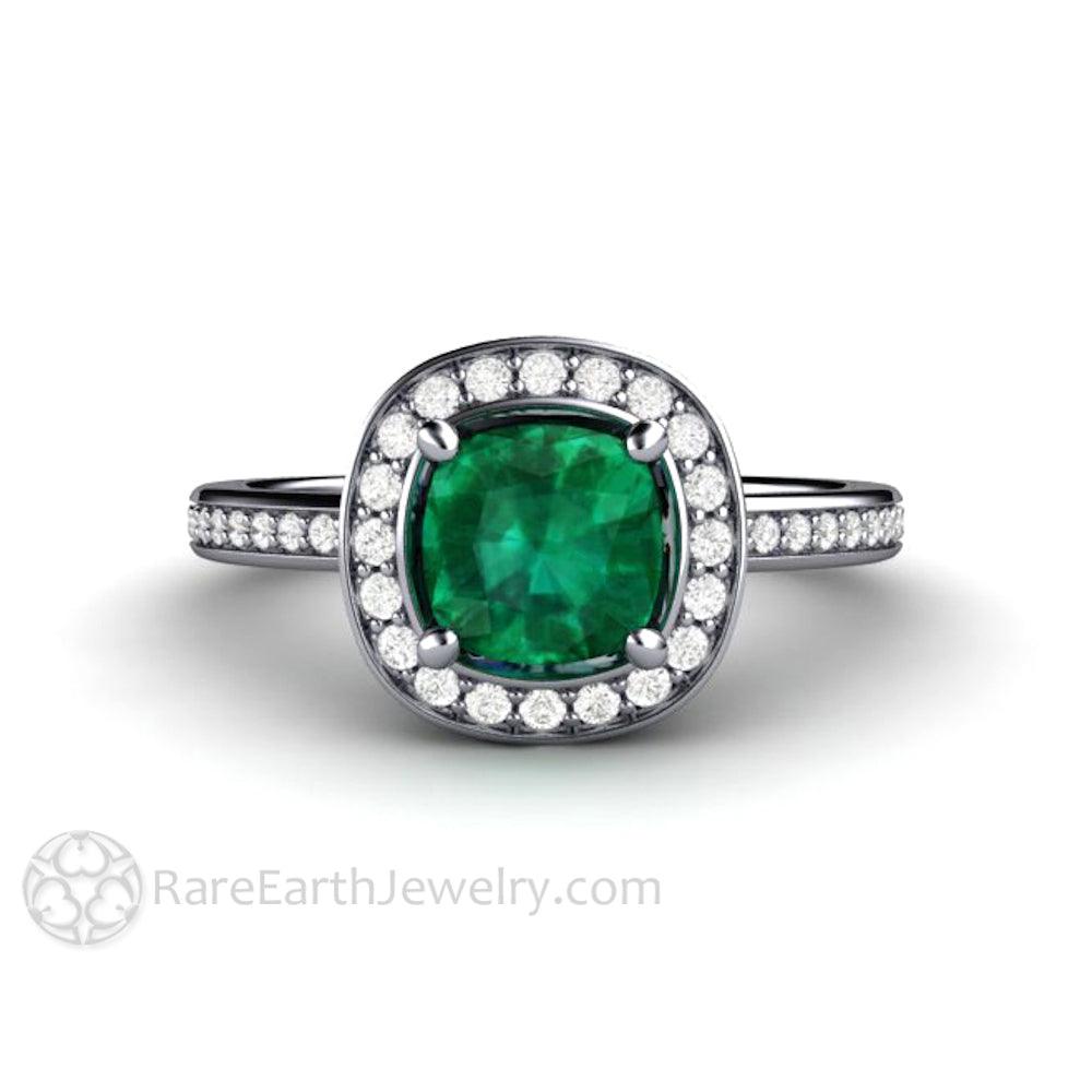 Cushion Cut Emerald Engagement Ring | Diamond Halo May Birthstone, Rare Earth Jewelry