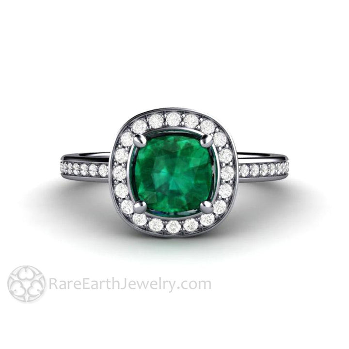 Cushion Cut Emerald Engagement Ring | Diamond Halo May Birthstone, Rare Earth Jewelry
