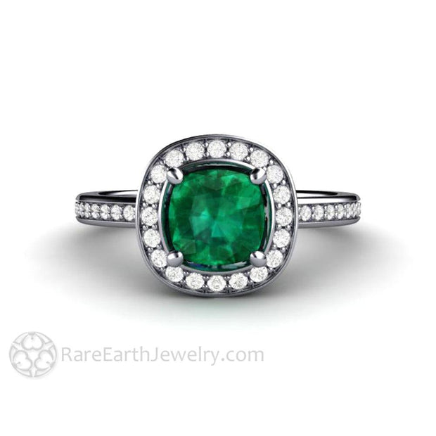 Emerald Halo Engagement Ring Cushion Cut with Diamond Accents Platinum - Engagement Only - Rare Earth Jewelry