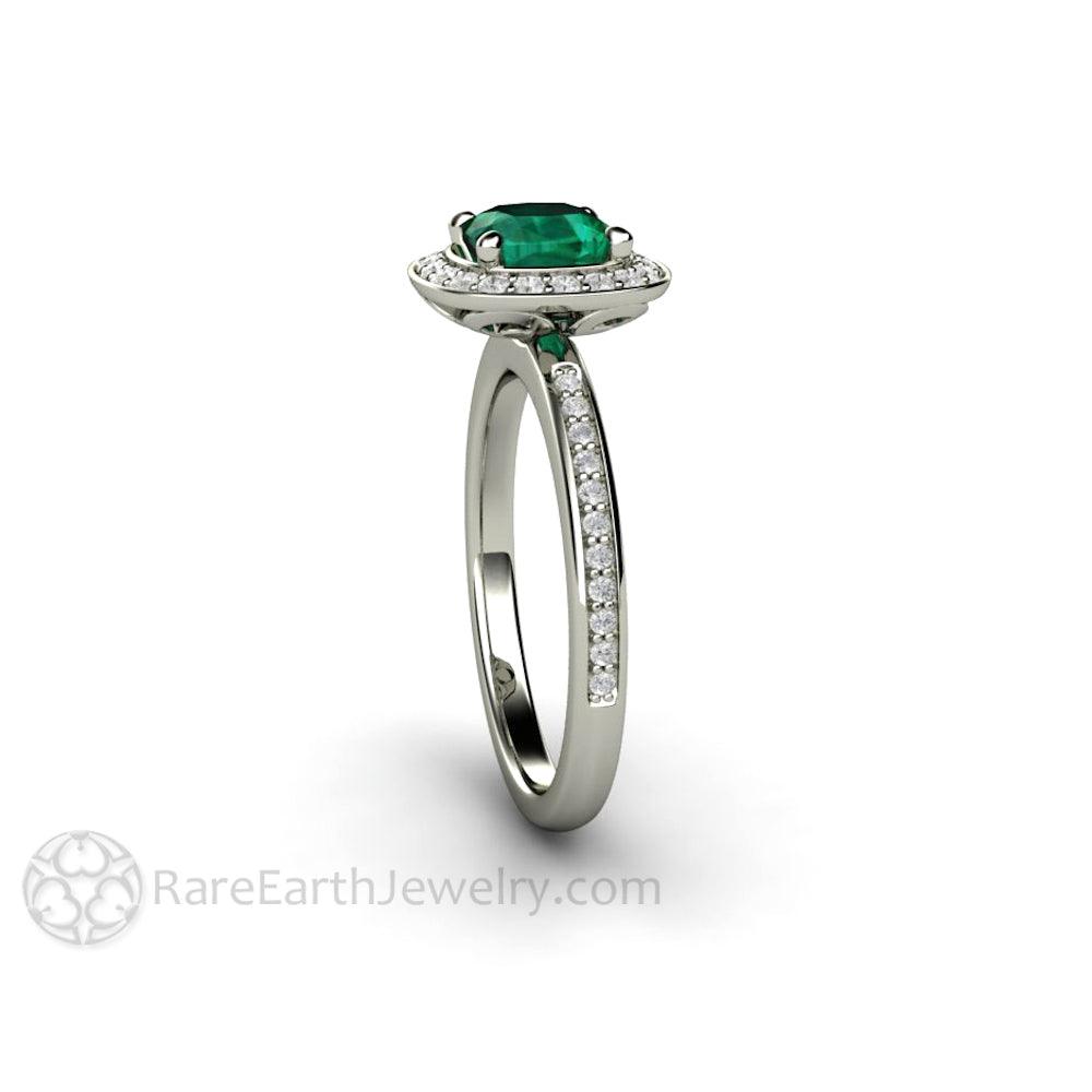 Cushion Cut Emerald Engagement Ring | Diamond Halo May Birthstone, Rare Earth Jewelry