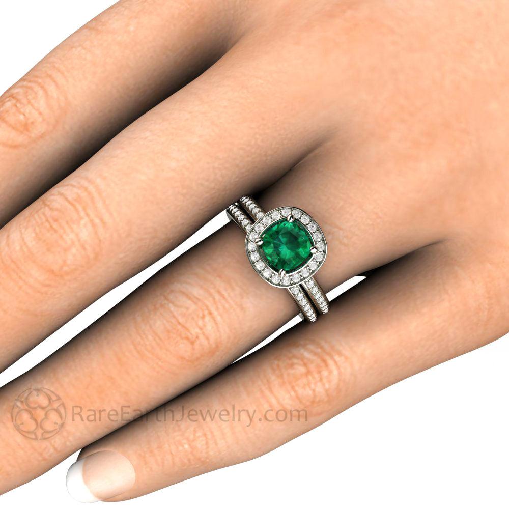 Cushion Cut Emerald Engagement Ring | Diamond Halo May Birthstone, Rare Earth Jewelry