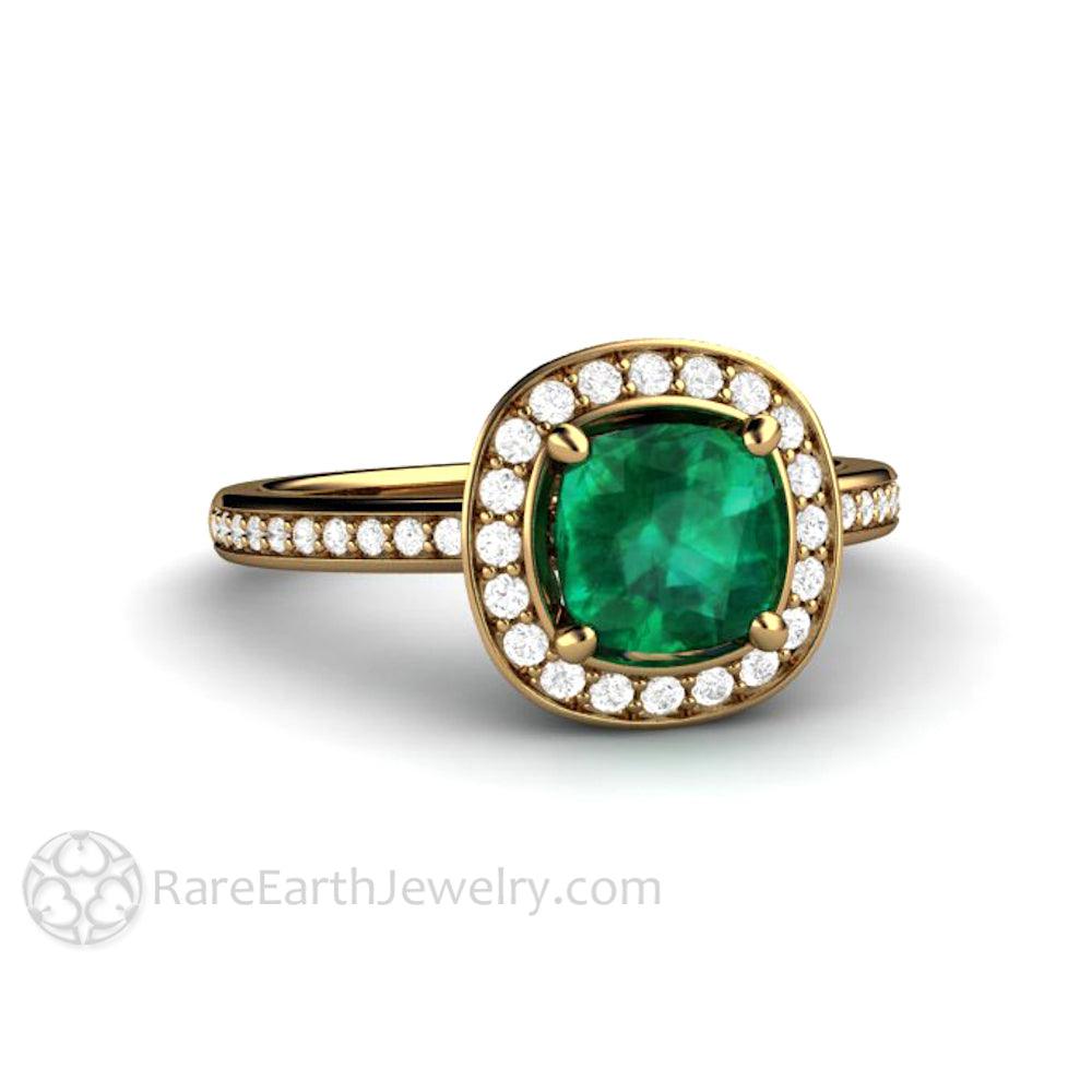 Cushion Cut Emerald Engagement Ring | Diamond Halo May Birthstone, Rare Earth Jewelry