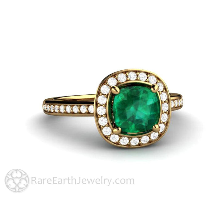 Cushion Cut Emerald Engagement Ring | Diamond Halo May Birthstone, Rare Earth Jewelry
