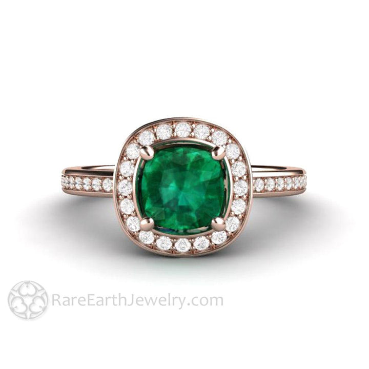 Cushion Cut Emerald Engagement Ring | Diamond Halo May Birthstone, Rare Earth Jewelry