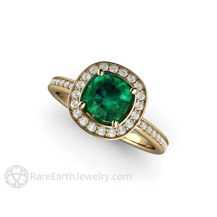 Cushion Cut Emerald Engagement Ring | Diamond Halo May Birthstone, Rare Earth Jewelry