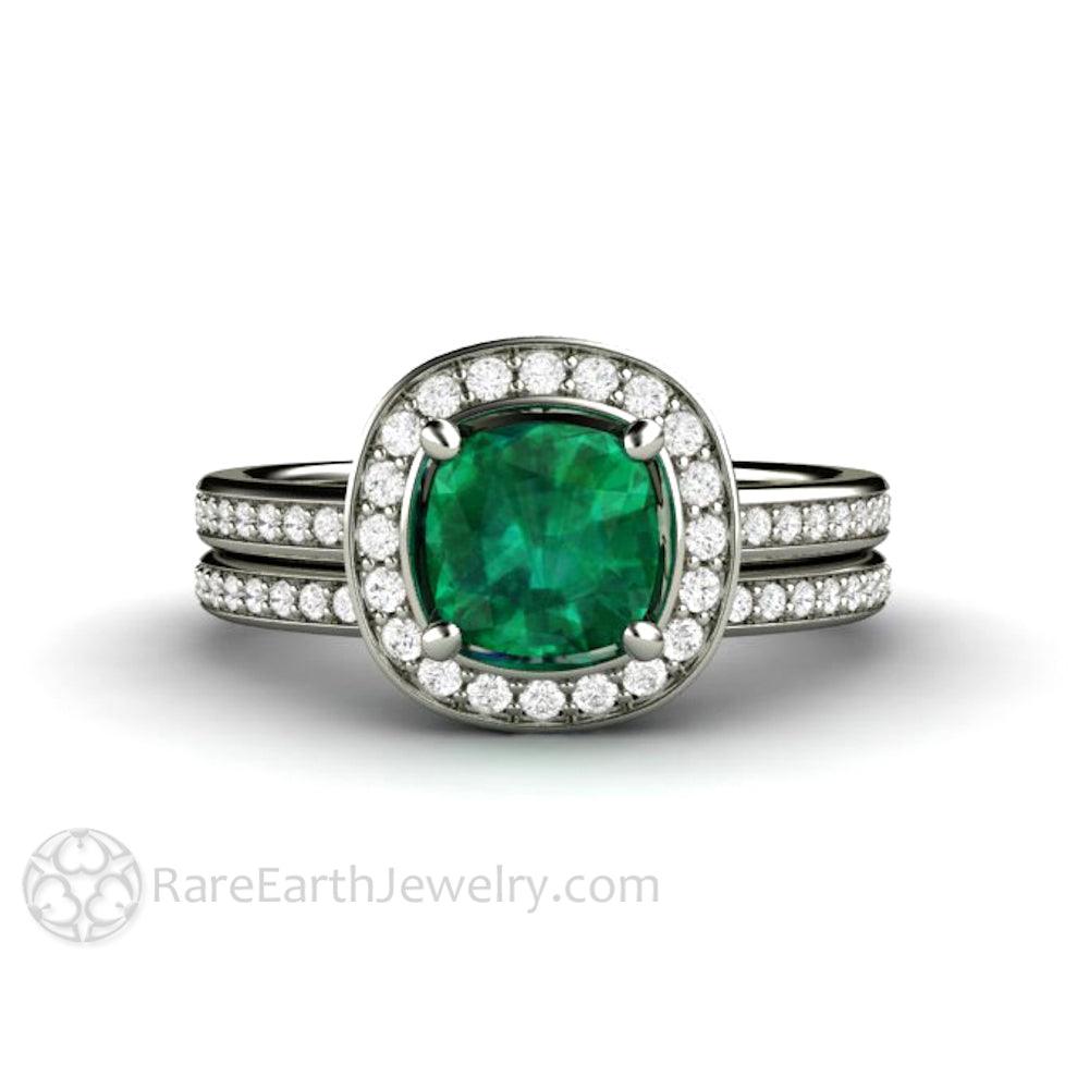 Cushion Cut Emerald Engagement Ring | Diamond Halo May Birthstone, Rare Earth Jewelry