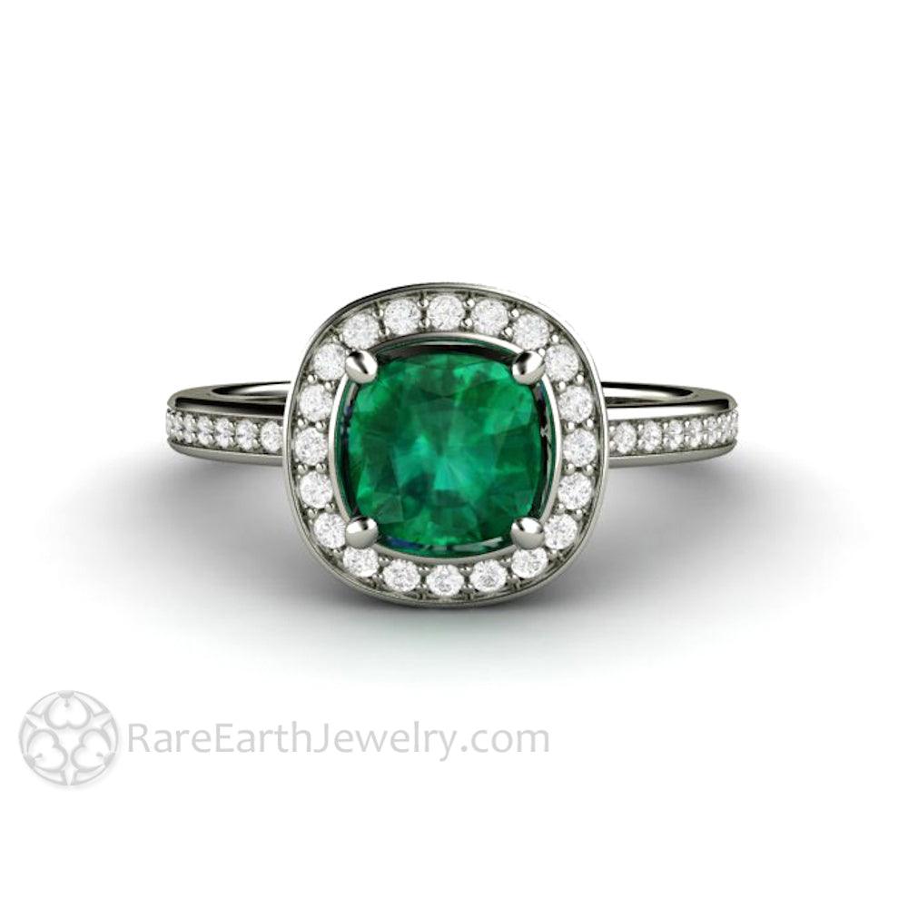 Cushion Cut Emerald Engagement Ring | Diamond Halo May Birthstone, Rare Earth Jewelry