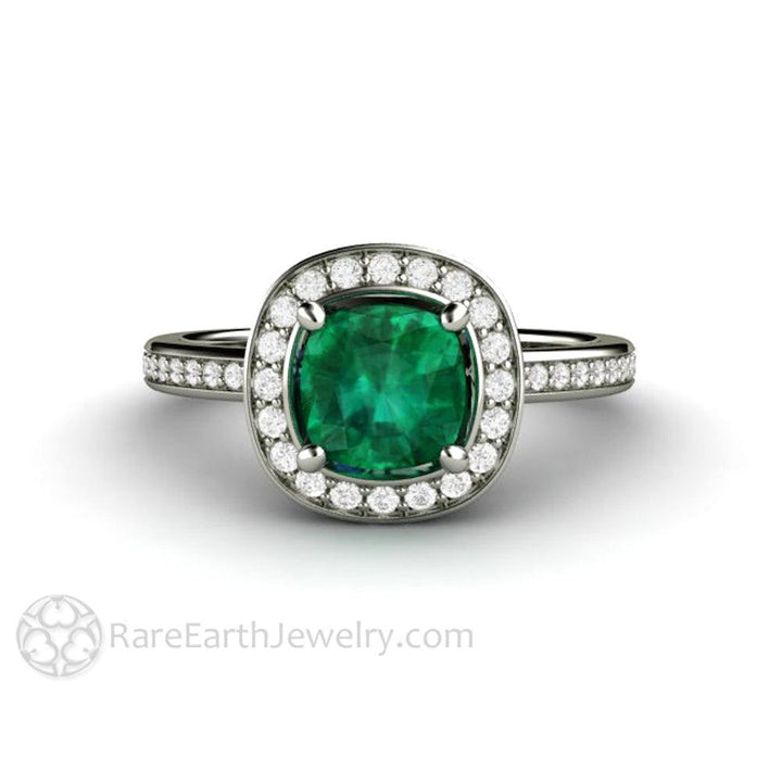 Cushion Cut Emerald Engagement Ring | Diamond Halo May Birthstone, Rare Earth Jewelry