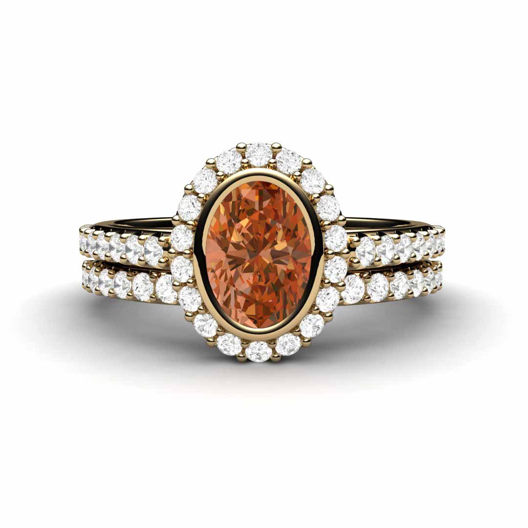 Oval Orange Sapphire Engagement Ring Bezel Set Pave Diamond Halo, Rare Earth Jewelry