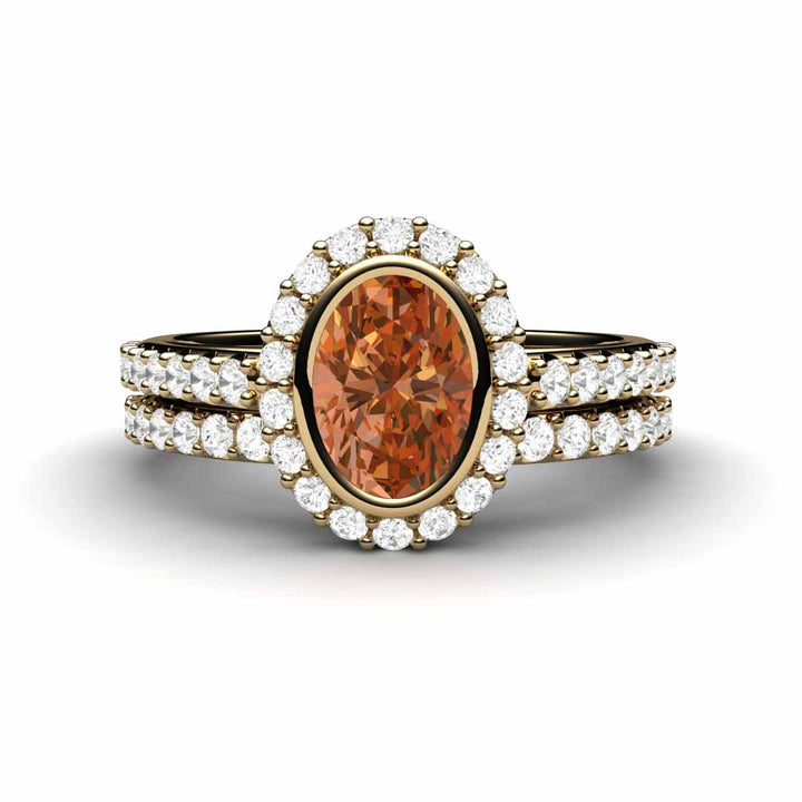 Oval Orange Sapphire Engagement Ring Bezel Set Pave Diamond Halo, Rare Earth Jewelry