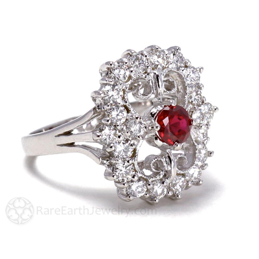 Art Deco Ruby Ring Vintage Style with Diamonds and Filigree, Rare Earth Jewelry