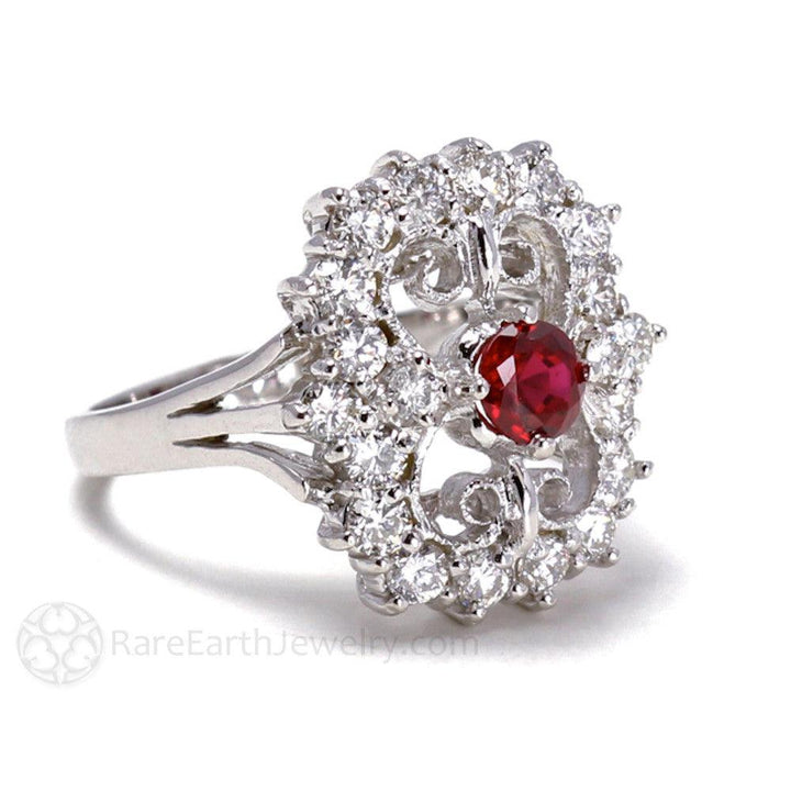 Art Deco Ruby Ring Vintage Style with Diamonds and Filigree, Rare Earth Jewelry