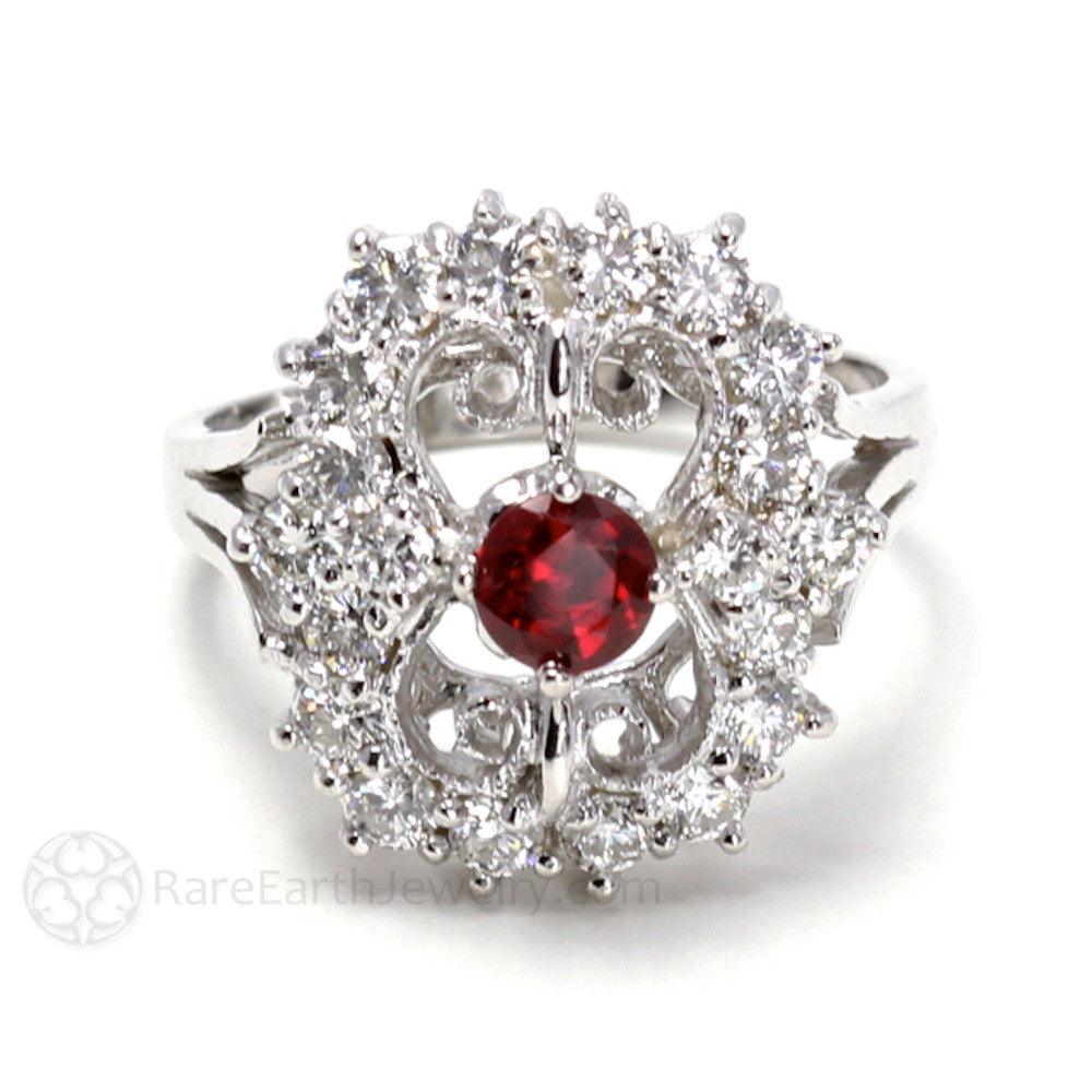 Art Deco Ruby Ring Vintage Style with Diamonds and Filigree, Rare Earth Jewelry