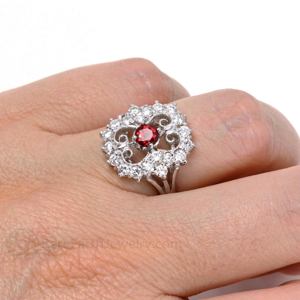 Art Deco Ruby Ring Vintage Style with Diamonds and Filigree, Rare Earth Jewelry