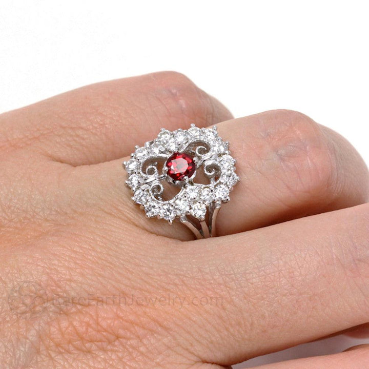 Art Deco Ruby Ring Vintage Style with Diamonds and Filigree, Rare Earth Jewelry