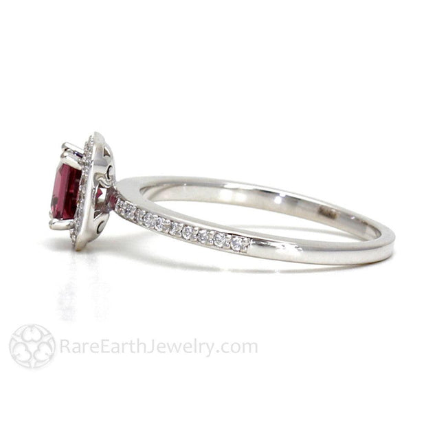 Garnet Ring January Birthstone Princess Diamond Halo 18K White Gold - Rare Earth Jewelry