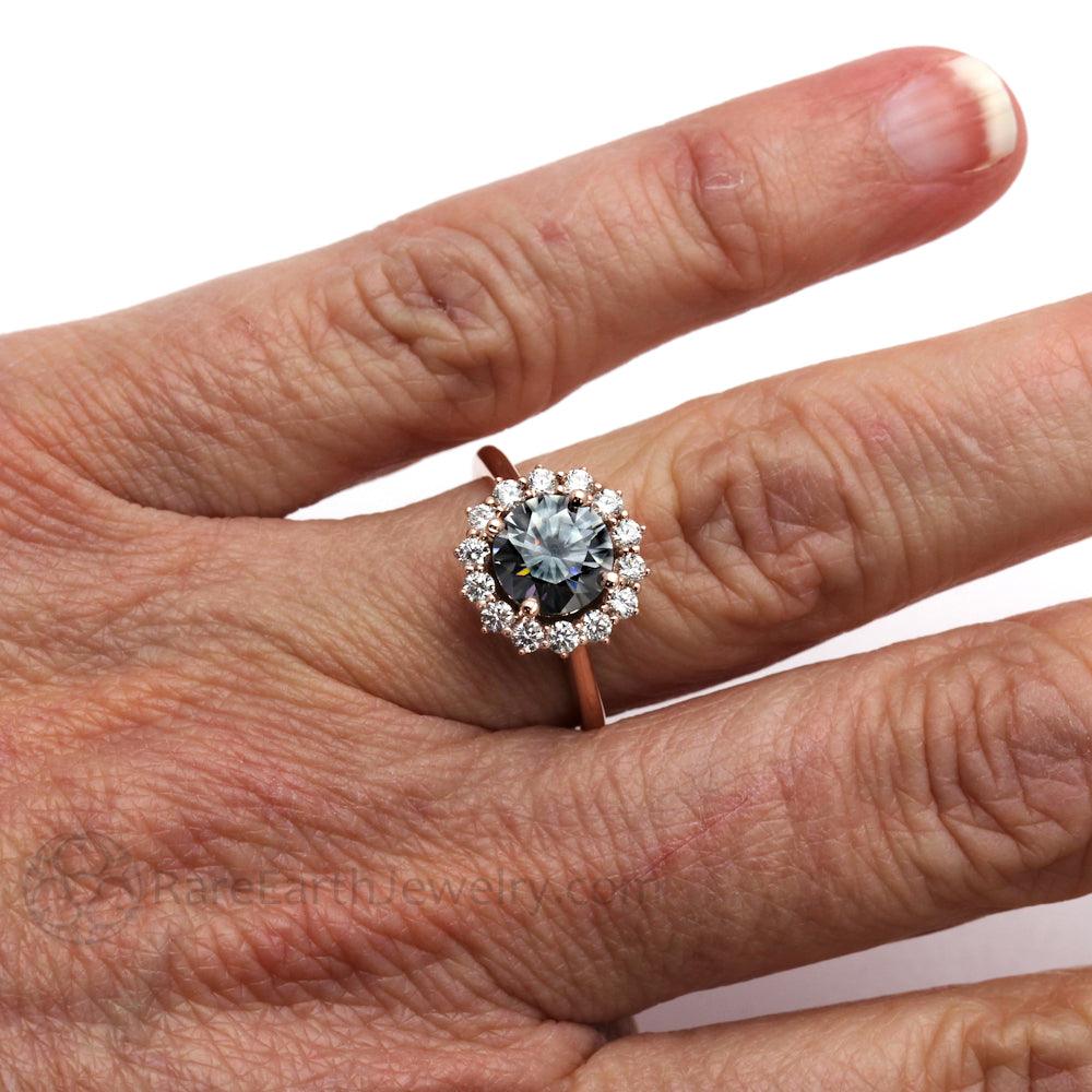 Gray Moissanite Engagement Ring | Vintage Style Diamond Halo, Rare Earth Jewelry