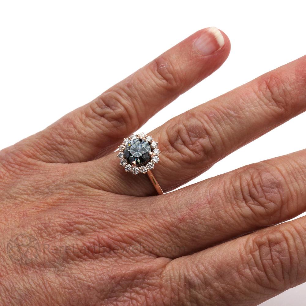 Gray Moissanite Engagement Ring | Vintage Style Diamond Halo, Rare Earth Jewelry