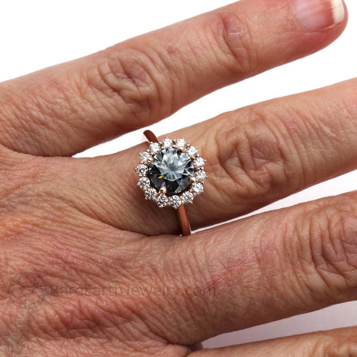 Gray Moissanite Engagement Ring | Vintage Style Diamond Halo, Rare Earth Jewelry