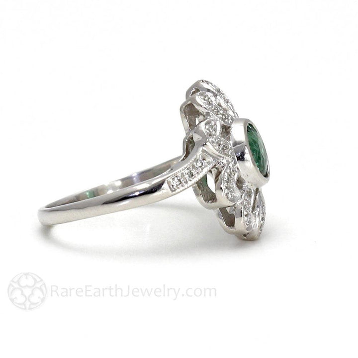 Natural Green Tourmaline Ring Antique Art Deco Style with Diamonds, Rare Earth Jewelry