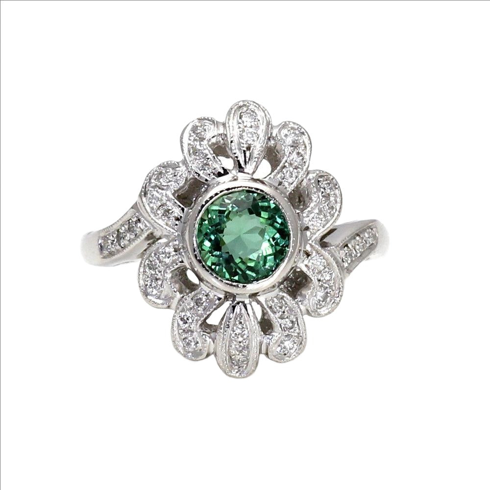 Natural Green Tourmaline Ring Antique Art Deco Style with Diamonds