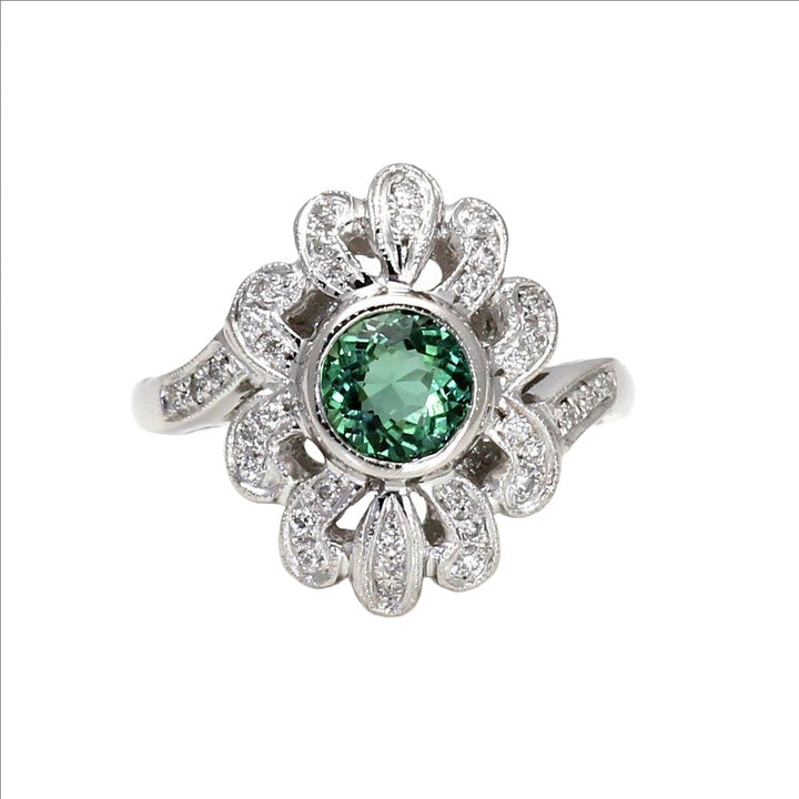 Natural Green Tourmaline Ring Antique Art Deco Style with Diamonds, Rare Earth Jewelry