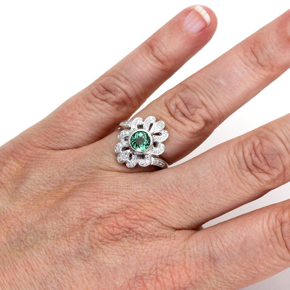 Natural Green Tourmaline Ring Antique Art Deco Style with Diamonds, Rare Earth Jewelry