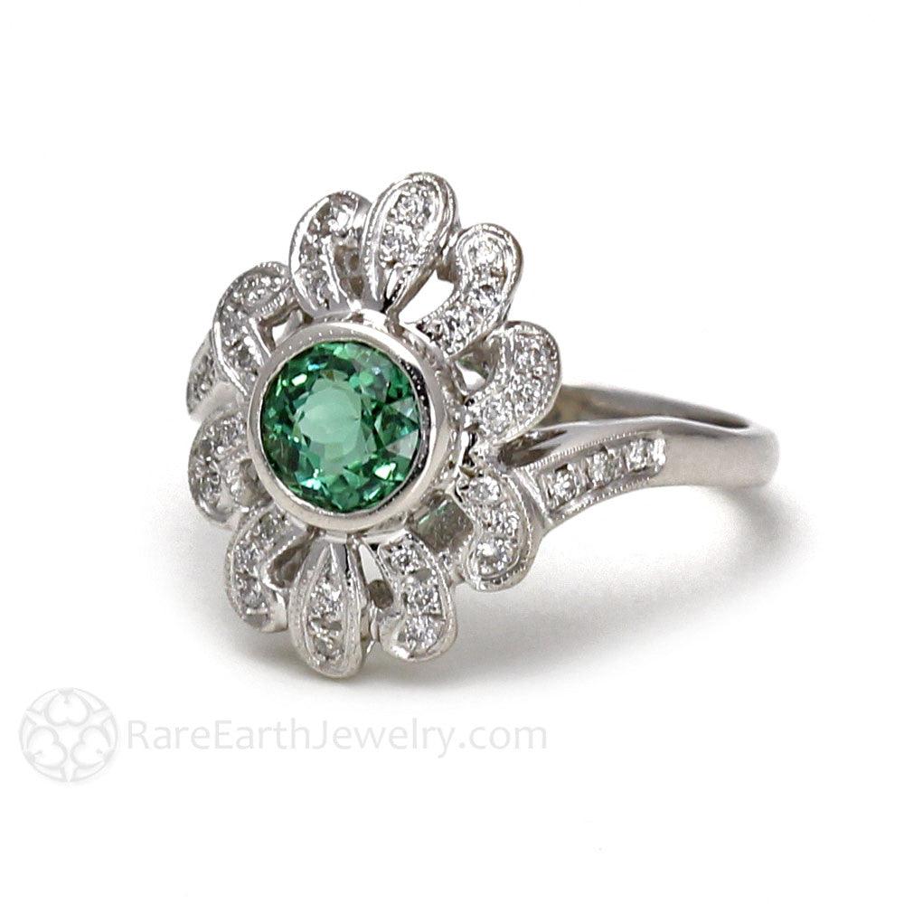 Natural Green Tourmaline Ring Antique Art Deco Style with Diamonds, Rare Earth Jewelry