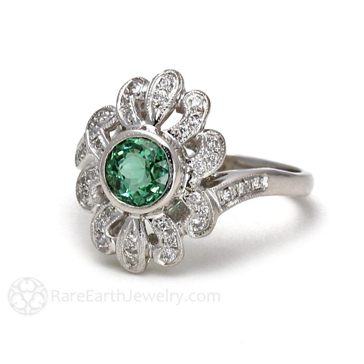 Natural Green Tourmaline Ring Antique Art Deco Style with Diamonds, Rare Earth Jewelry