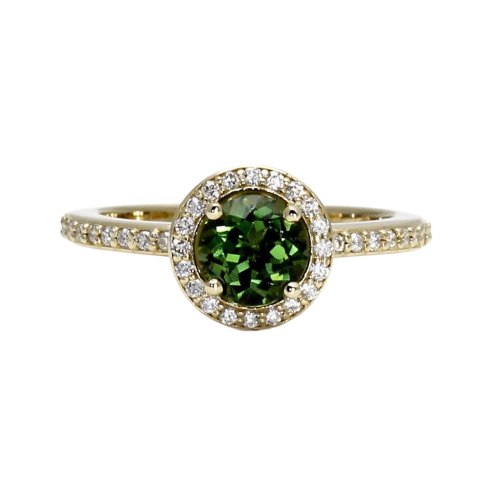 Natural Green Tourmaline Ring with Diamond Halo, October Birthstone Ring in 14K or 18K Gold or Platinum | Rare Earth Jewelry