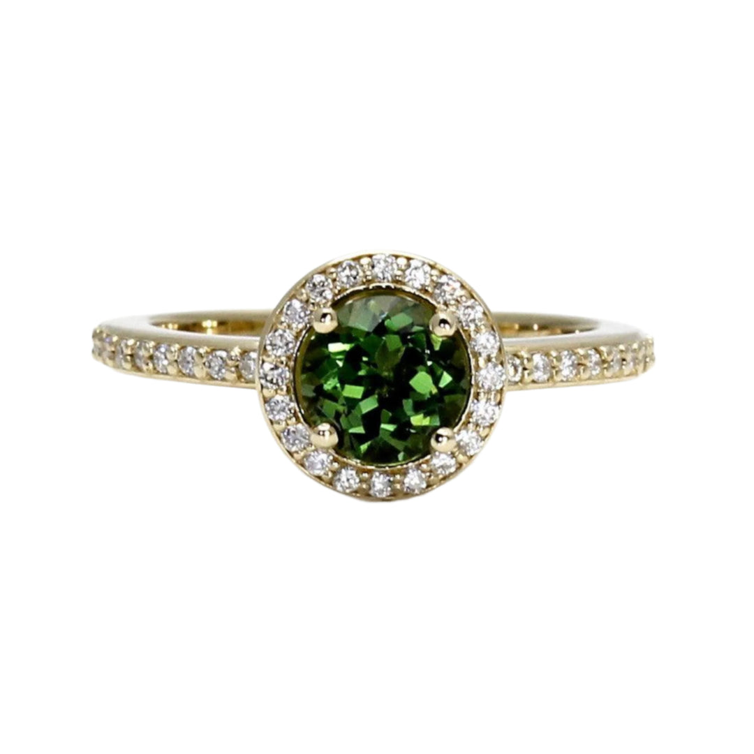 Natural Green Tourmaline Ring with Diamond Halo, October Birthstone Ring in 14K or 18K Gold or Platinum | Rare Earth Jewelry
