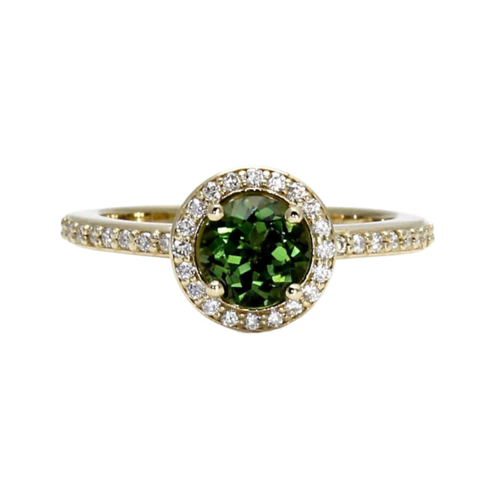 Natural Green Tourmaline Ring with Diamond Halo, October Birthstone Ring in 14K or 18K Gold or Platinum | Rare Earth Jewelry