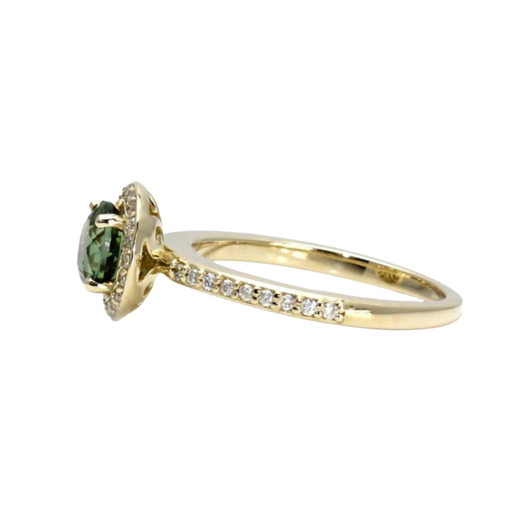 Side View of Round Green Tourmaline Ring with Diamond Accents, October Birthday Gift, Natural Green Tourmaline Ring in 14K or 18K Gold or Platinum | Rare Earth Jewelry