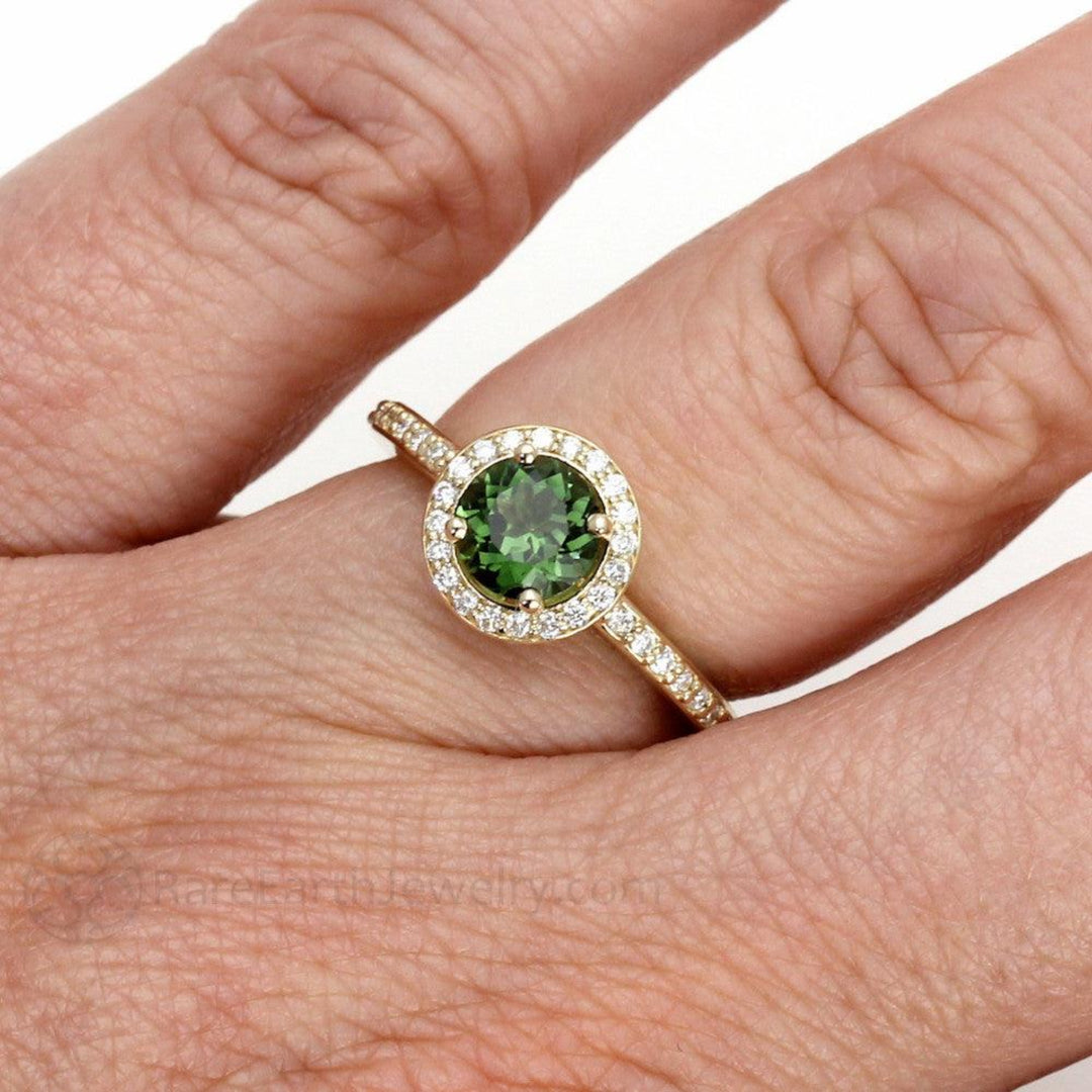 Round Green Tourmaline Ring with Diamond Halo, Close up on the Finger, October Birthstone, Natural Green Tourmaline Ring | Rare Earth Jewelry