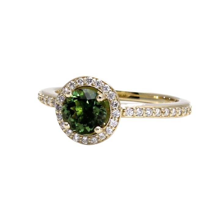 Natural Green Tourmaline Ring with Diamond Accents, Round Tourmaline Halo Ring, October Birthstone in 14K or 18K Gold or Platinum | Rare Earth Jewelry