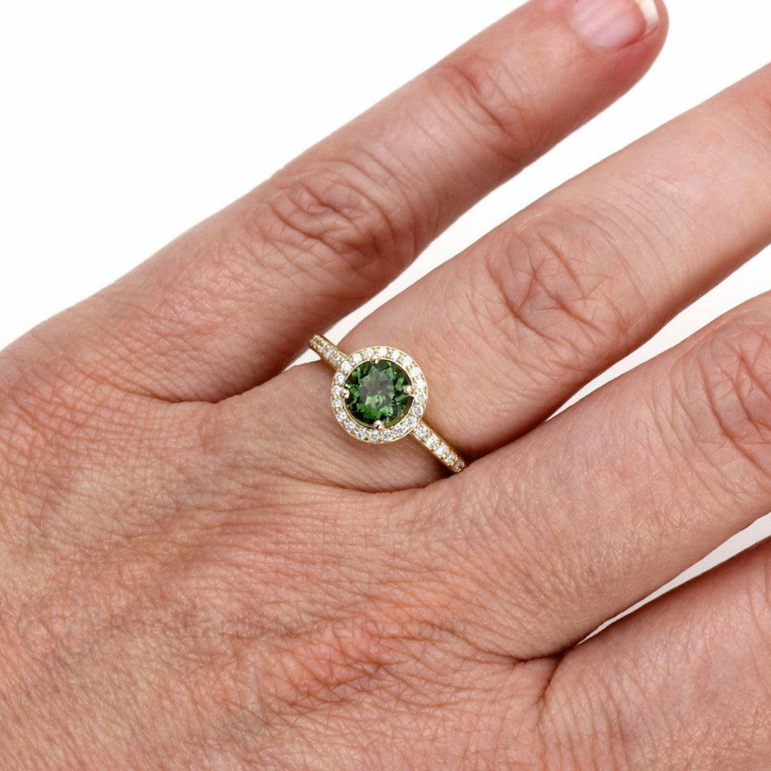 Round Green Tourmaline Halo Ring on the Hand, Natural Tourmaline Ring in Gold or Platinum | Rare Earth Jewelry