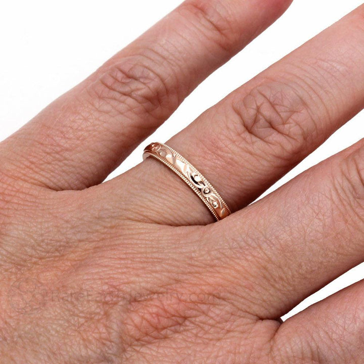 Hand Engraved Wedding Ring | Vintage Style Band with Floral Design, Rare Earth Jewelry