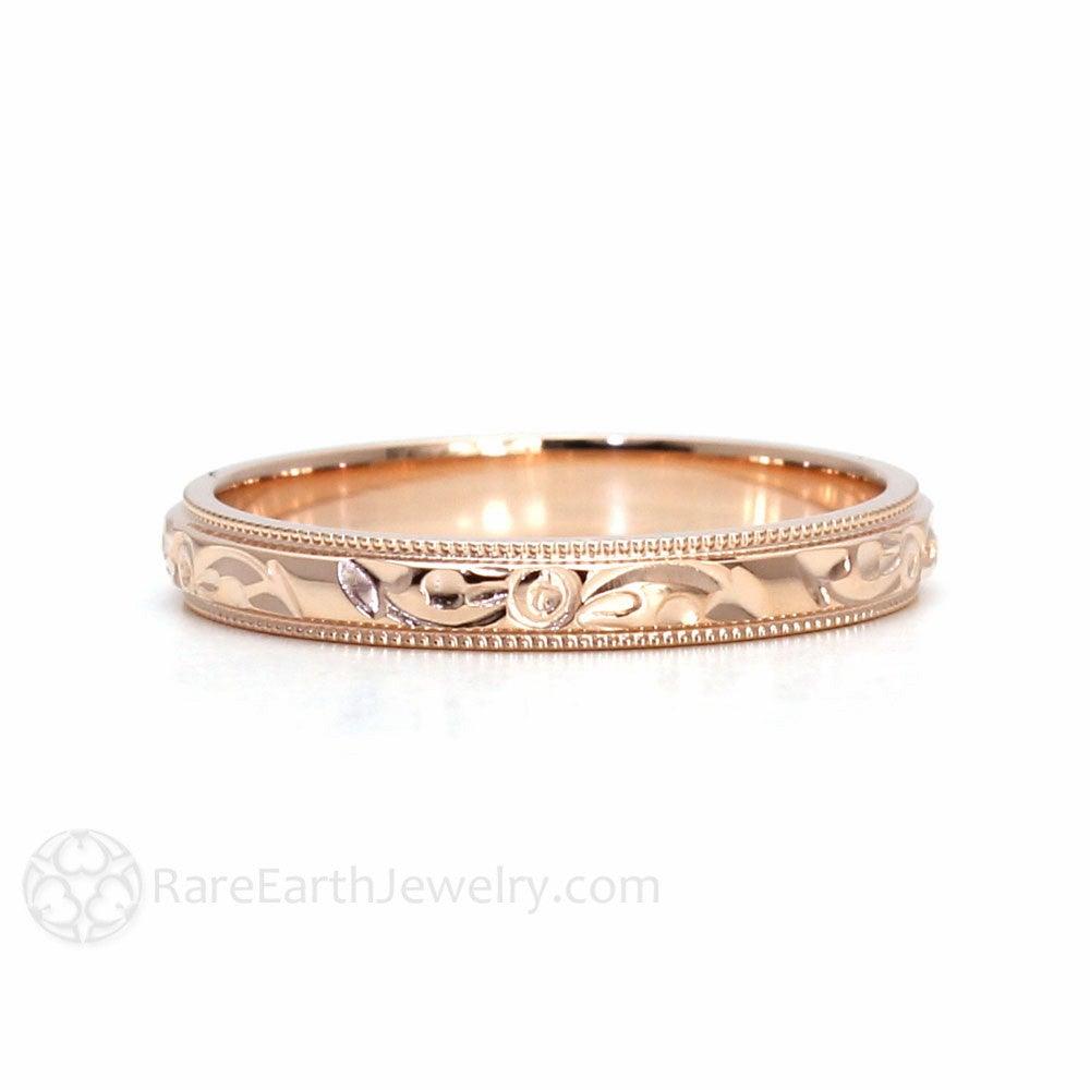 Hand Engraved Wedding Ring | Vintage Style Band with Floral Design, Rare Earth Jewelry