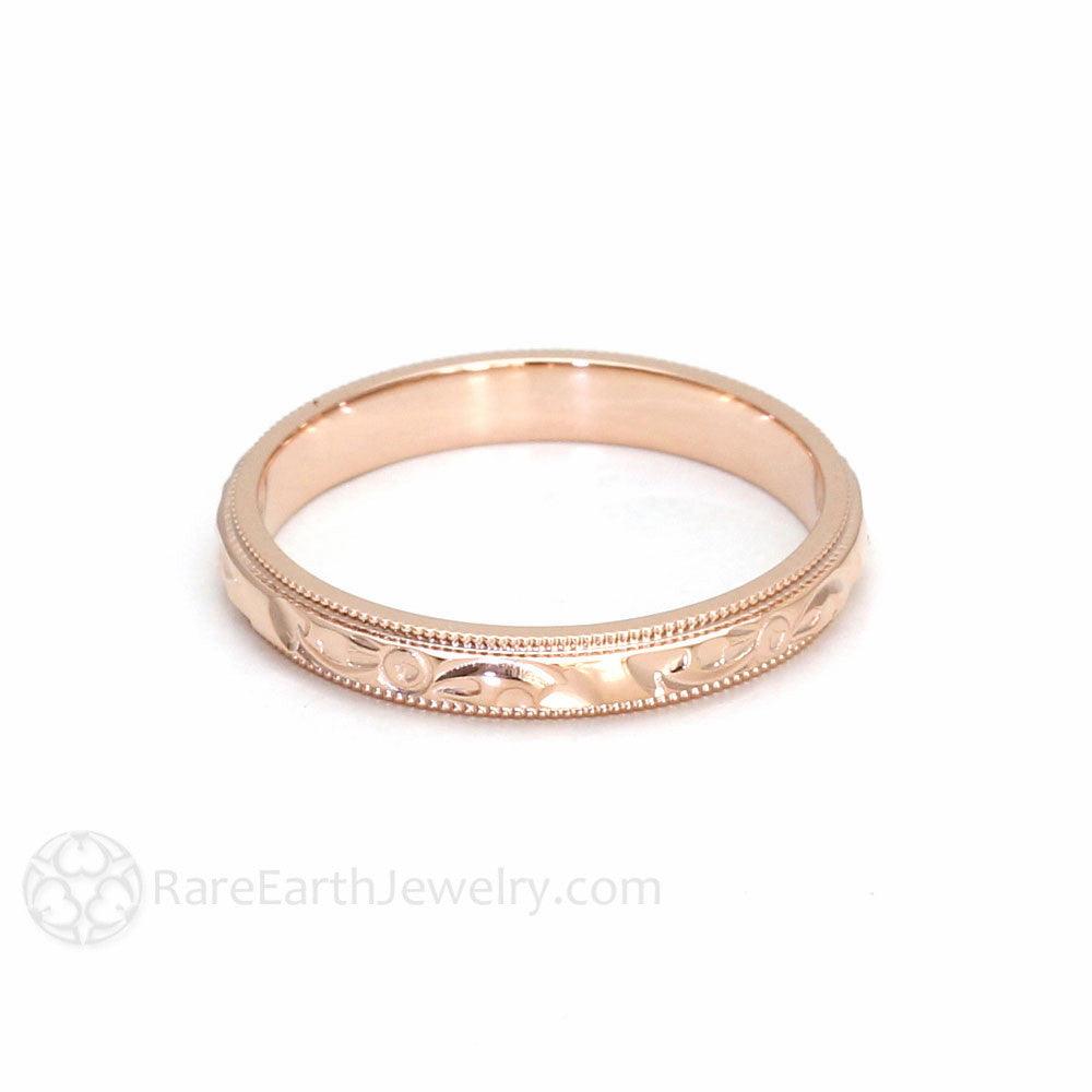 Hand Engraved Wedding Ring | Vintage Style Band with Floral Design, Rare Earth Jewelry