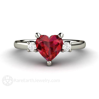 Ruby Heart Ring 3 Stone Engagement or Promise Ring with Diamonds - Rare Earth Jewelry