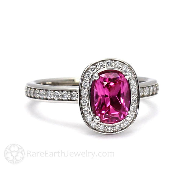 Hot Pink Sapphire Ring Cushion Engagement Ring with Diamond Halo Platinum - Rare Earth Jewelry