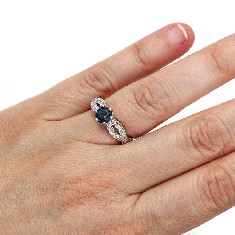 London Blue Topaz Infinity Engagement Ring | Solitaire with Diamond Accents, Rare Earth Jewelry