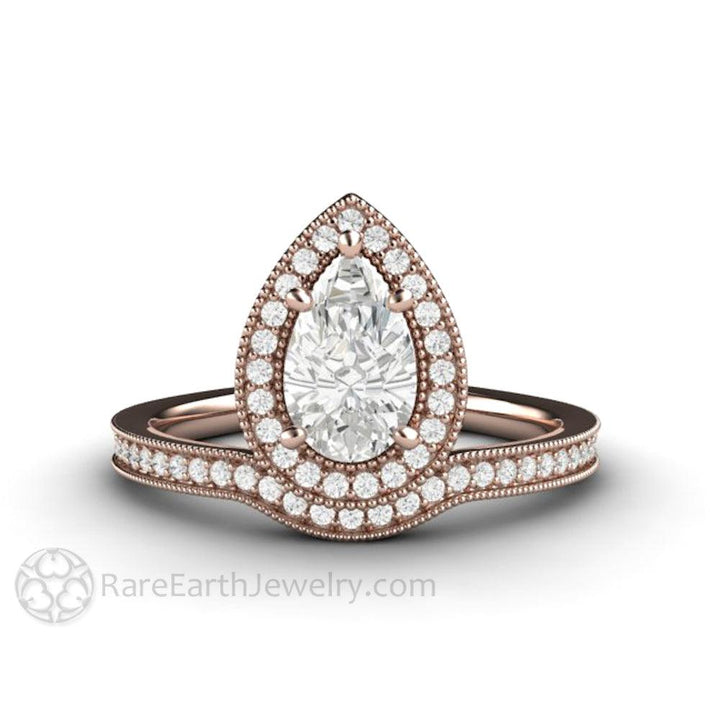 Pear Shaped Engagement Ring Inverted Pear Moissanite Upside Down Halo, Rare Earth Jewelry