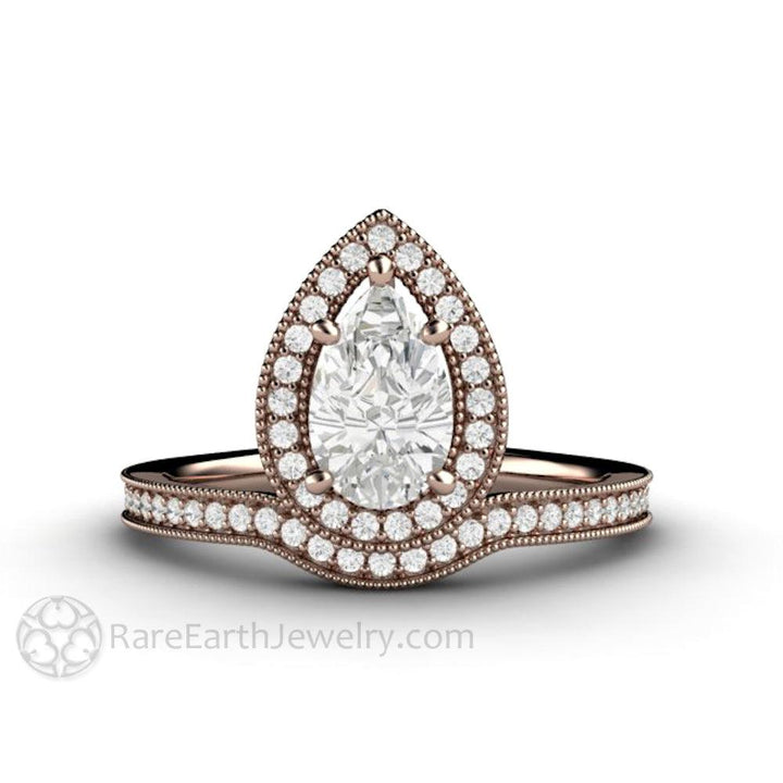 Pear Shaped Engagement Ring Inverted Pear Moissanite Upside Down Halo, Rare Earth Jewelry